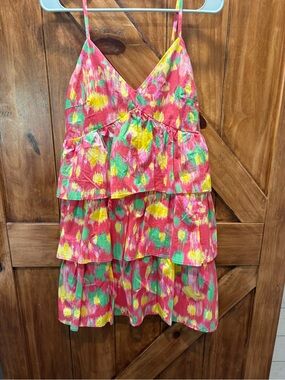 Peach Love California Pink Floral Tiered Spaghetti-Strap Dress M
